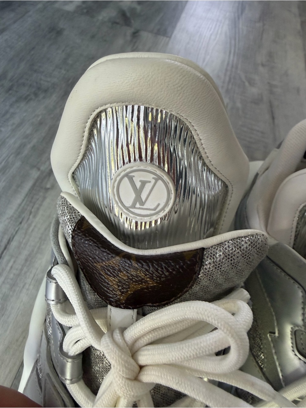 Louis Vuitton White and Silver Sneakers with White and Iridescent Box Bag - Picture 13 of 16